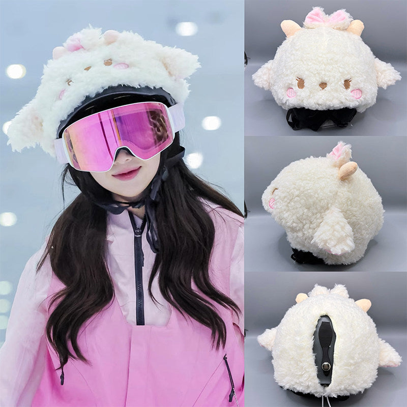 Person wearing a fluffy white helmet with animal ears and pink goggles, surrounded by close-up shots of the helmet.