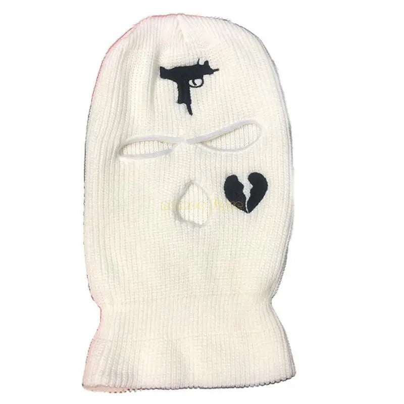 White ski mask with black gun and heart designs on a white background