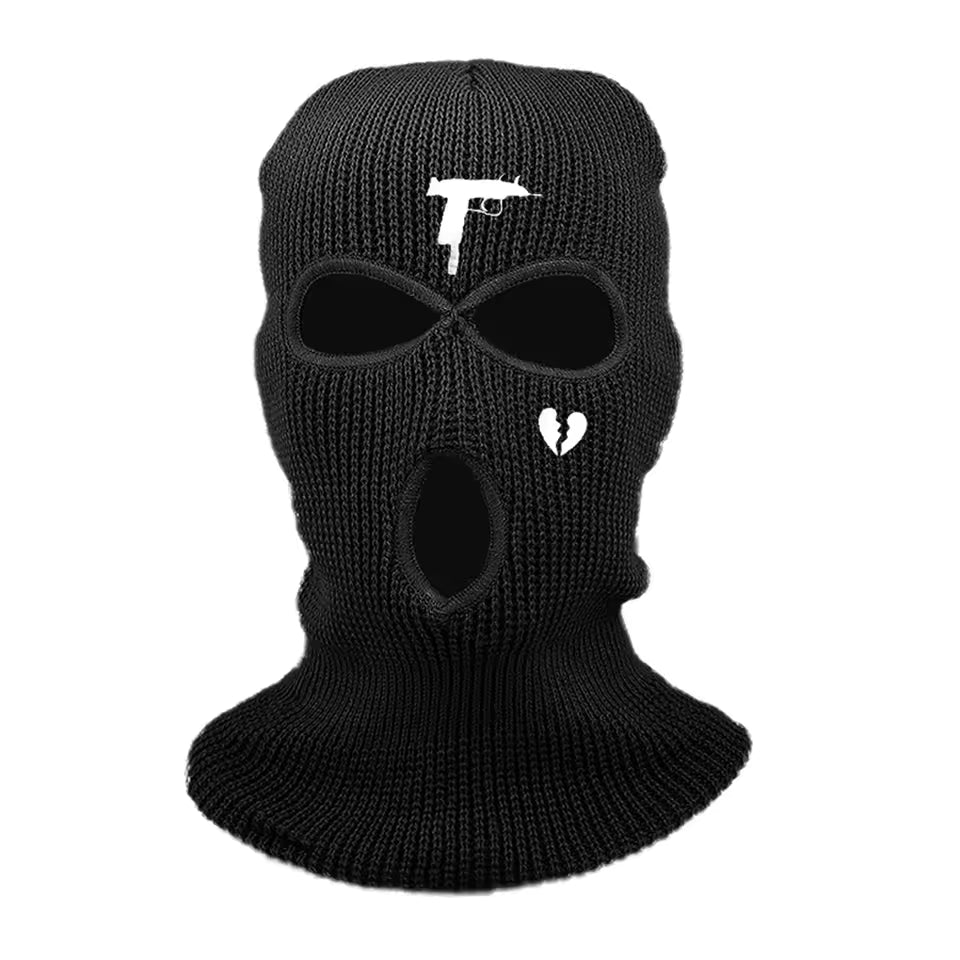 Black knit balaclava with white logo on a white background
