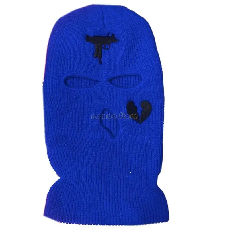 Blue balaclava with black designs on a white background